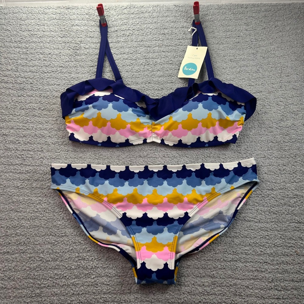 Boden Bikini Set Scallop Print Blue Pink Yellow Size 12 Preppy Coastal Retro New